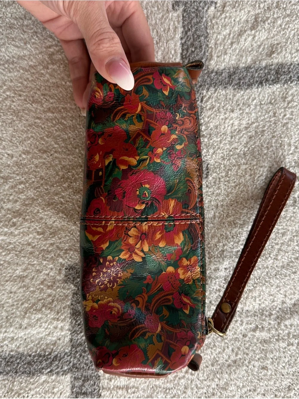 Patricia Nash Floral Leather Wristlet in Red, Green, Brown, Gold
